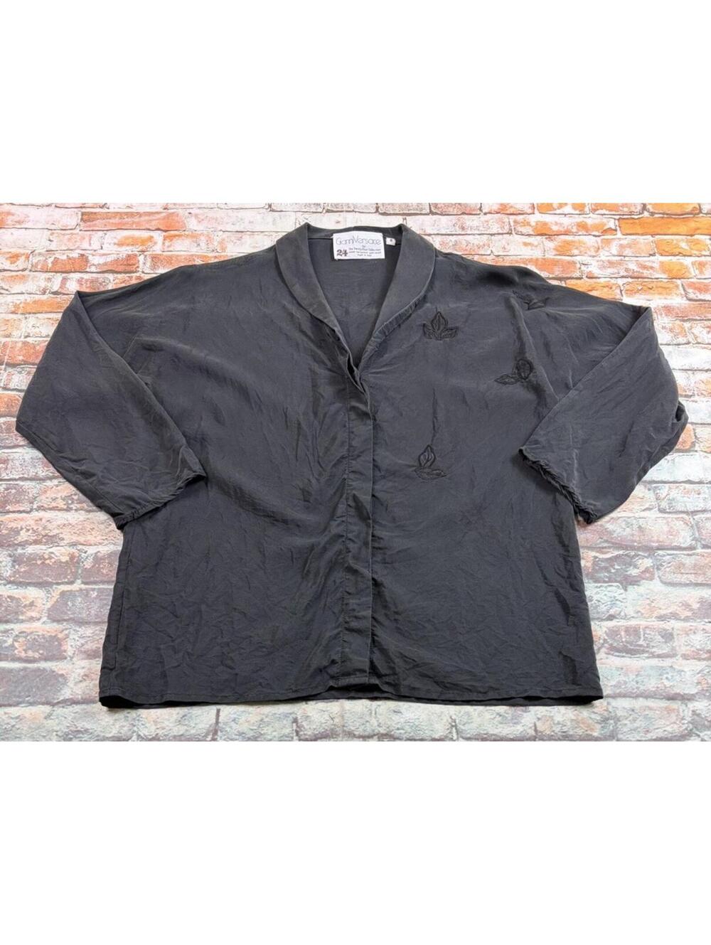 Gianni Versace Vintage Top Ladies 8 Black Silk Button Down 3/4 Sleeve Shirt